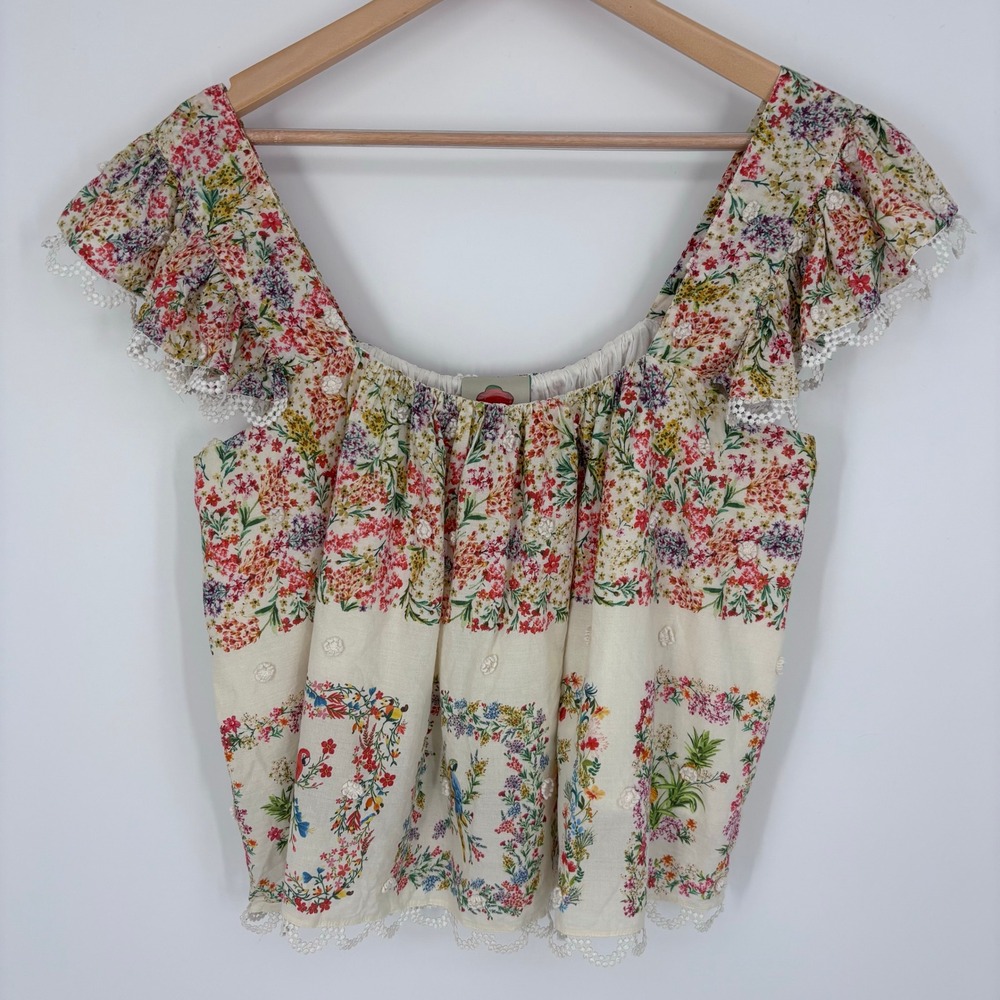 Farm Rio Delicate Forest Scarves Blouse Womens XS Summer Tropical Cotton